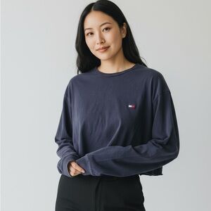 Tommy Hilfiger Vintage Size Large Blue Cropped Long‎ Sleeve T-shirt